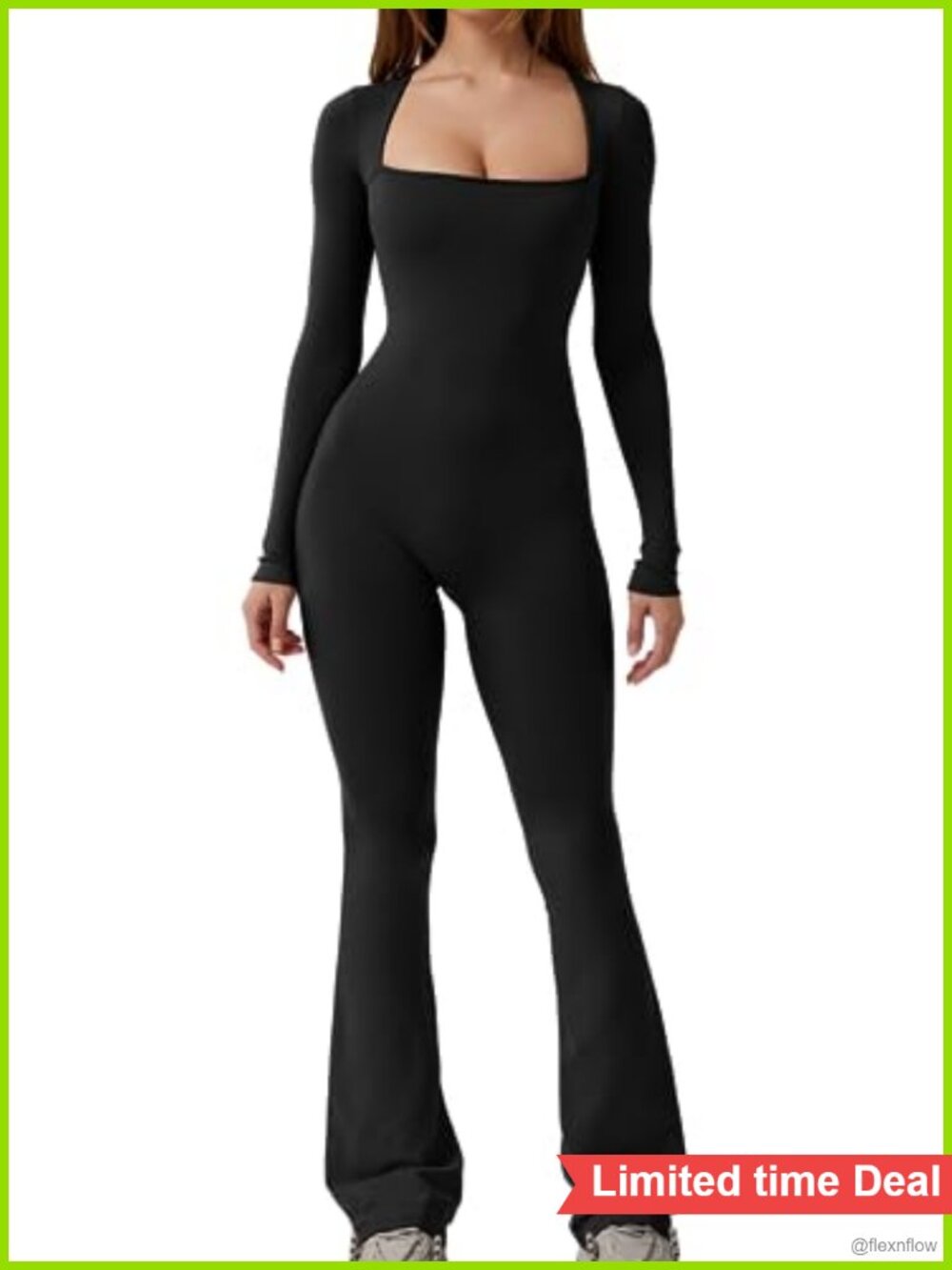 QINSEN Square Neck Wide Leg Full Length Jumpsuit Long Sleeve Romper Playsuit